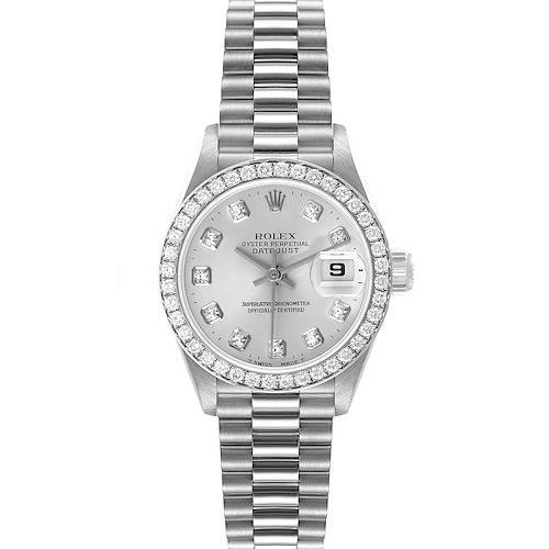 This Rolex President 69136 Women's Platinum Silver Dial 69136 Women's Platinum Silver Dial model watch is shown from a top-down angle, displaying its face, bezel, and bracelet.