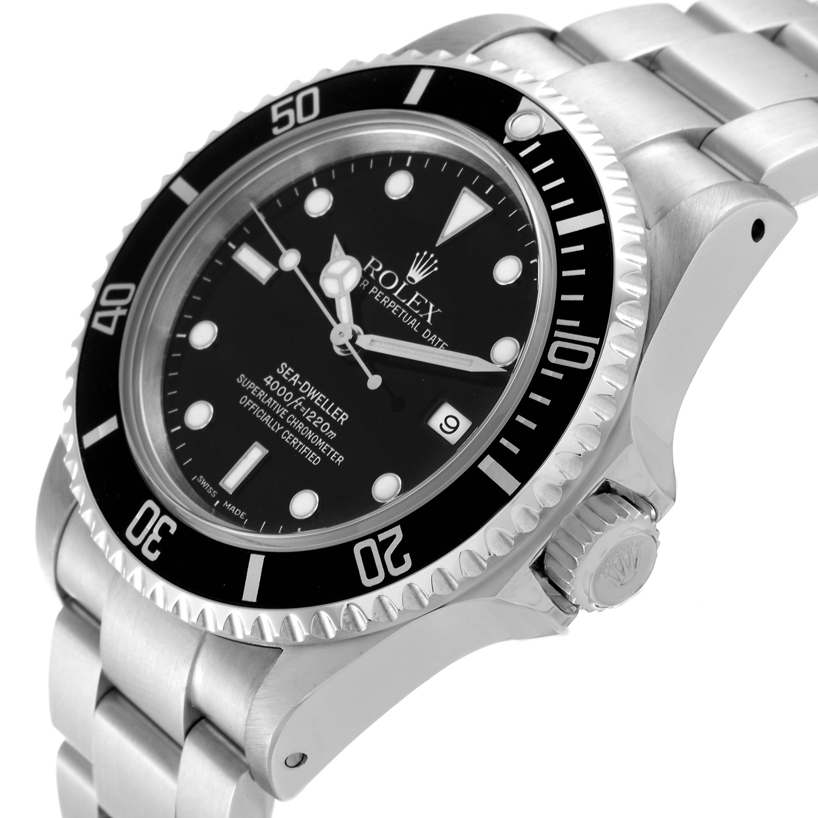 The image shows a side and front view of the Rolex Sea-Dweller 16600 Men's Stainless Steel Black Dial 16600 Men's Stainless Steel Black Dial watch, highlighting its dial, bezel, and bracelet.