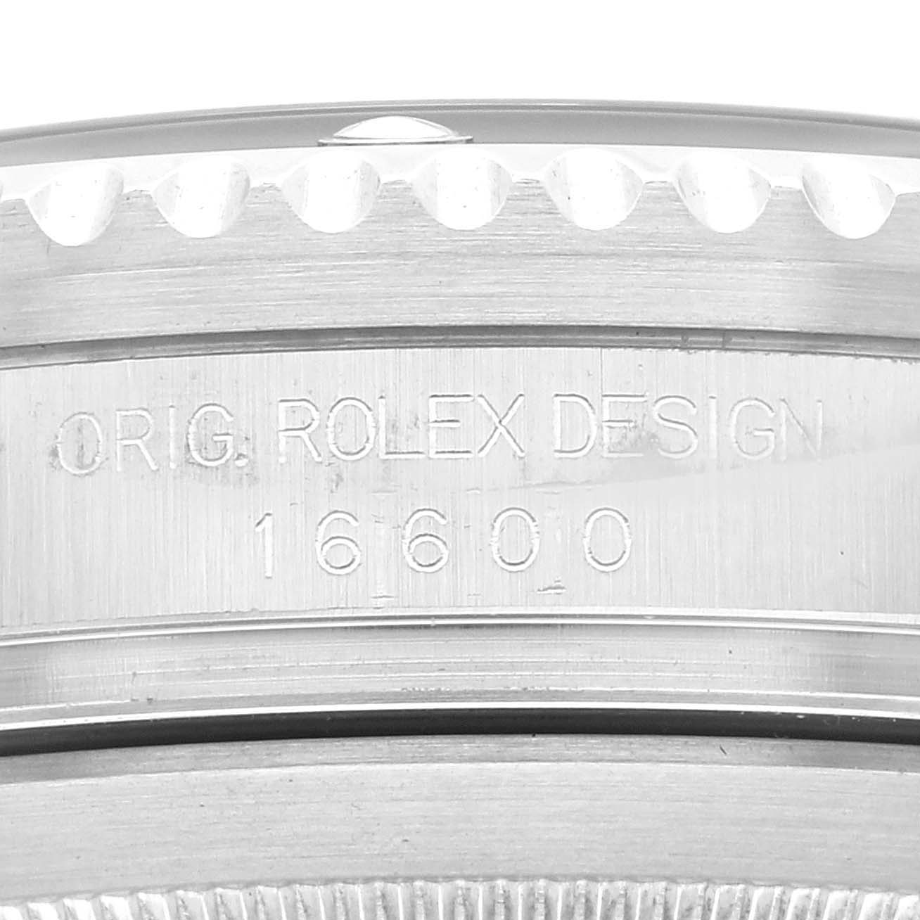 This image shows the case side of a Rolex Sea-Dweller 16600 Men's Stainless Steel Black Dial 16600 Men's Stainless Steel Black Dial model, displaying the engraved model number 16600.