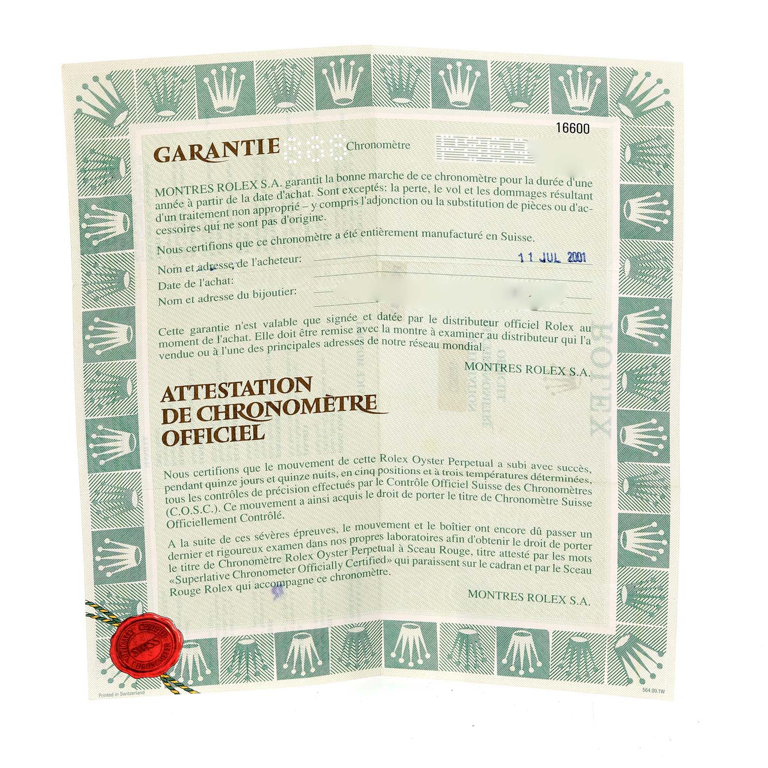 The image shows the warranty card for a Rolex Sea-Dweller 16600 Men's Stainless Steel Black Dial 16600 Men's Stainless Steel Black Dial, featuring brand details and certification information.