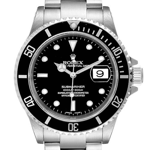 The image shows a front view of a Rolex Submariner 16610 Men's Stainless Steel Black Dial 16610 Men's Stainless Steel Black Dial watch, highlighting the dial, bezel, crown, and bracelet.