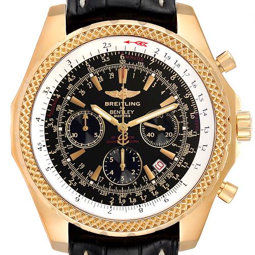 The image shows the face of the Breitling Bentley K25362 Men's Yellow Gold Black Dial K25362 Men's Yellow Gold Black Dial model watch, displaying its dial, bezel, sub-dials, and crown from a front angle.