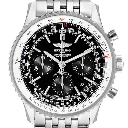 Close-up view of a Breitling Navitimer AB0121C4-C920-731P Men's Stainless Steel Black Dial AB0121C4-C920-731P Men's Stainless Steel Black Dial watch showing the face, dial, sub-dials, and part of the stainless steel bracelet.