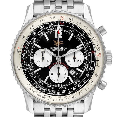 The image shows a front view of a Breitling Navitimer A41322 Men's Stainless Steel Black Dial A41322 Men's Stainless Steel Black Dial watch, highlighting its dial, bezel, and bracelet.