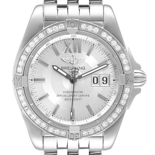 This image shows a front view of the Breitling Galactic A49350 Men's Stainless Steel Silver Dial A49350 Men's Stainless Steel Silver Dial watch, highlighting the dial, bezel, and bracelet.