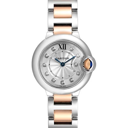 The image shows a top view of a Cartier Ballon Bleu WE902030 Women's Steel and Gold (two tone) Silver Dial WE902030 Women's Steel and Gold (two tone) Silver Dial watch with a two-tone metal bracelet and diamond markers.