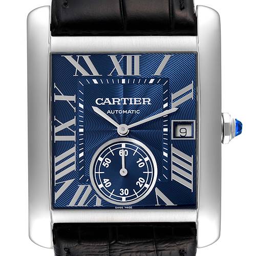 The image shows a frontal view of a Cartier Tank MC WSTA0010 Men's Stainless Steel Blue Dial WSTA0010 Men's Stainless Steel Blue Dial watch featuring a blue dial, Roman numerals, and a date window.