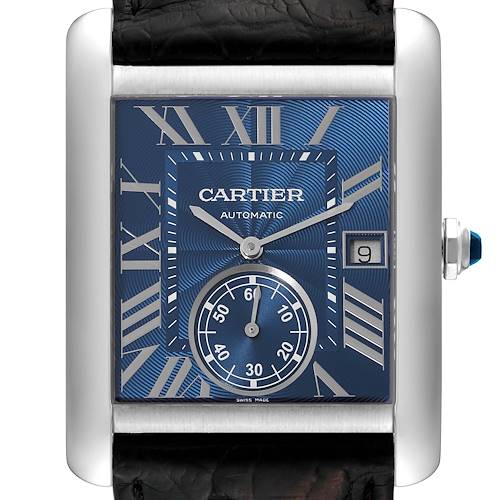 The image shows a frontal view of the Cartier Tank MC WSTA0010 Men's Stainless Steel Blue Dial WSTA0010 Men's Stainless Steel Blue Dial watch, highlighting the face, Roman numerals, date display, and subdial.