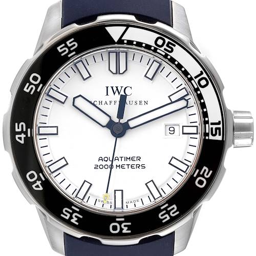 The image shows a frontal view of the IWC Aquatimer IW356805 Men's Stainless Steel White Dial IW356805 Men's Stainless Steel White Dial watch with its face, bezel, and crown clearly visible.