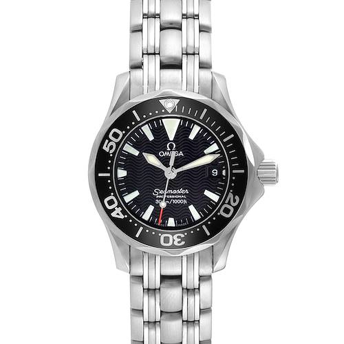 The Omega 2282.50.00 Women's Stainless Steel Black Dial 2282.50.00 Women's Stainless Steel Black Dial Seamaster Diver 300M Quartz 28mm Steel Ladies Watch 2282.50.00 is shown from a front angle, displaying the entire face and bracelet.