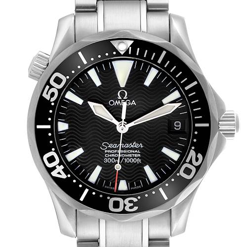 The Omega Seamaster 2252.50.00 Men's Stainless Steel Black Dial 2252.50.00 Men's Stainless Steel Black Dial watch is shown from the front, displaying its dial, bezel, and part of the bracelet.
