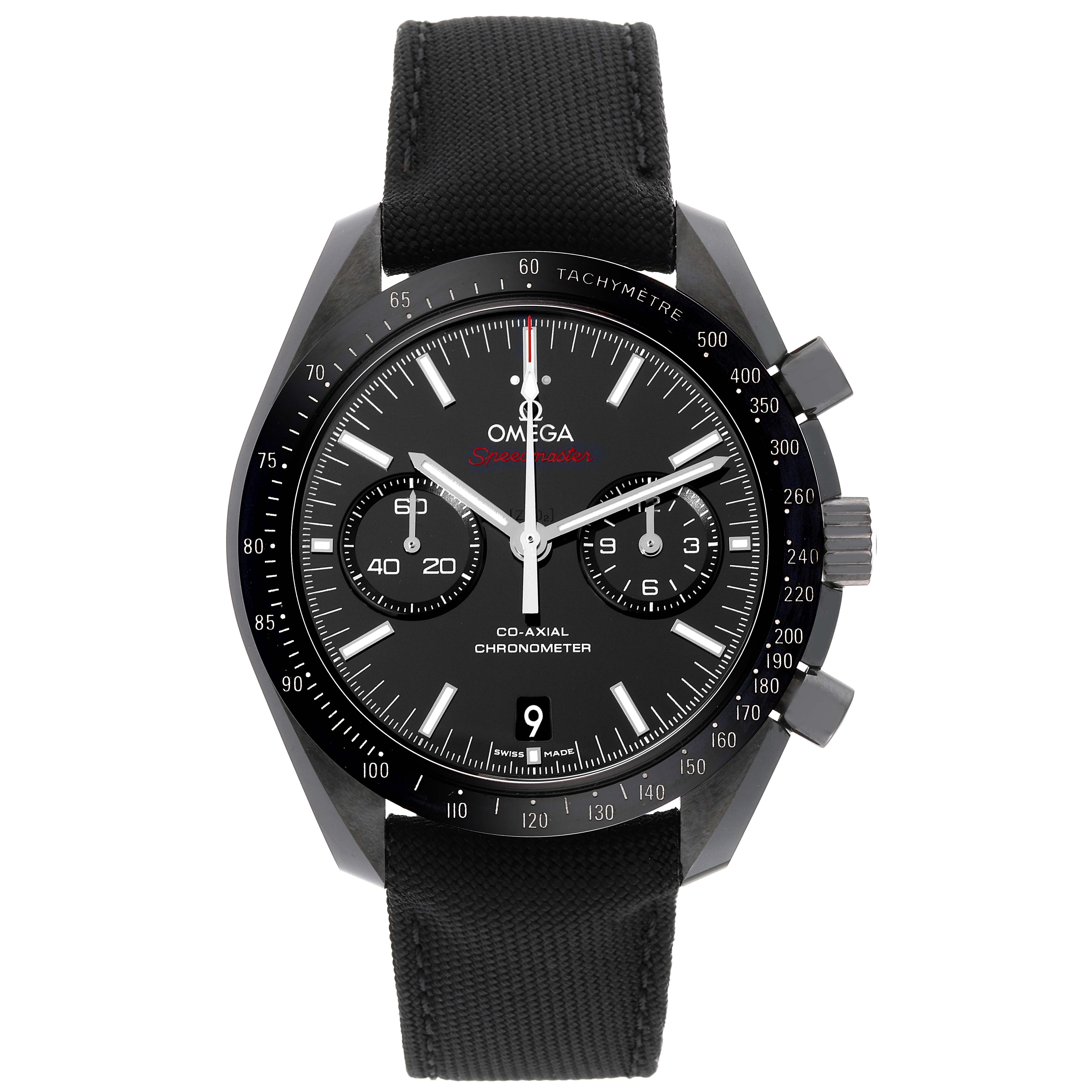 This image shows a front view of an Omega Speedmaster 311.92.44.51.01.007 Men's Ceramic Black Dial 311.92.44.51.01.007 Men's Ceramic Black Dial watch, displaying the dial, pushers, and strap.