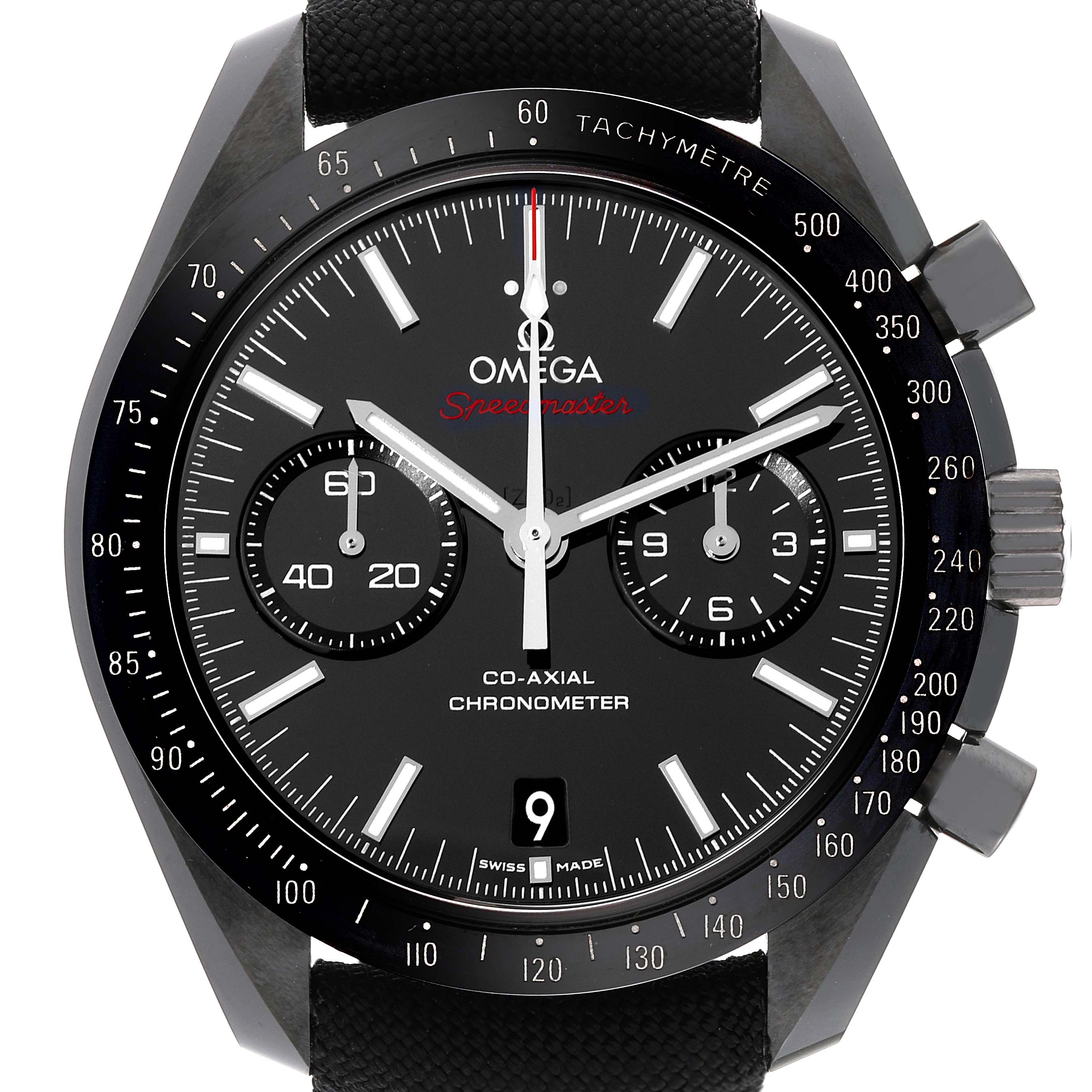 This image shows a front view of an Omega Speedmaster 311.92.44.51.01.007 Men's Ceramic Black Dial 311.92.44.51.01.007 Men's Ceramic Black Dial watch, highlighting the dial, bezel, chronograph sub-dials, and tachymeter scale.