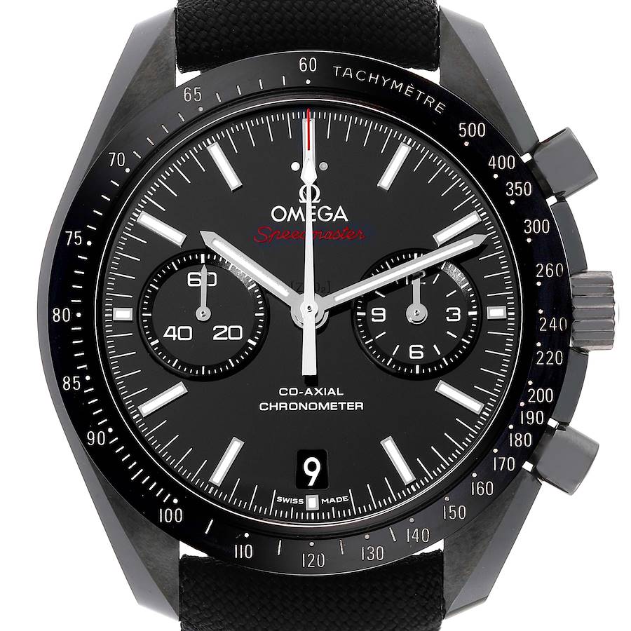 This image shows a front view of an Omega Speedmaster 311.92.44.51.01.007 Men's Ceramic Black Dial 311.92.44.51.01.007 Men's Ceramic Black Dial watch, highlighting the dial, bezel, chronograph sub-dials, and tachymeter scale.