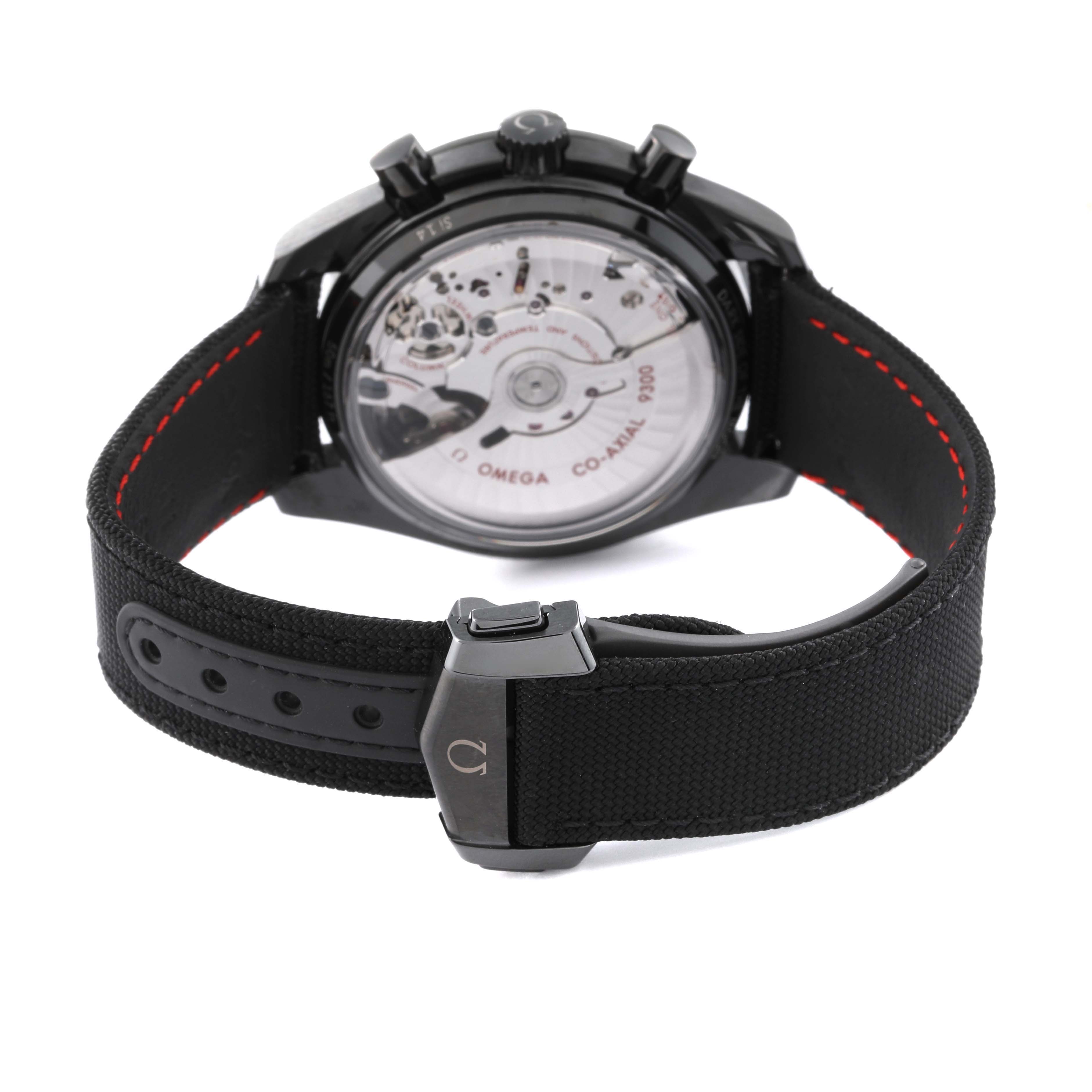 This image shows the back view of an Omega Speedmaster 311.92.44.51.01.007 Men's Ceramic Black Dial 311.92.44.51.01.007 Men's Ceramic Black Dial watch, highlighting its transparent case back and black strap.