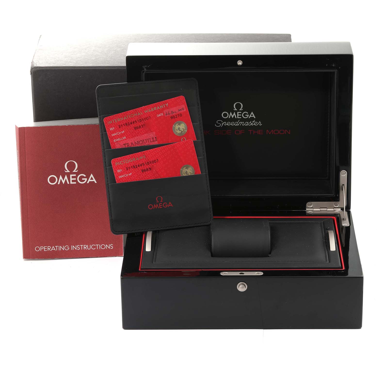 The image shows an Omega Speedmaster 311.92.44.51.01.007 Men's Ceramic Black Dial 311.92.44.51.01.007 Men's Ceramic Black Dial box, warranty cards, and operating instructions, viewed from the front.