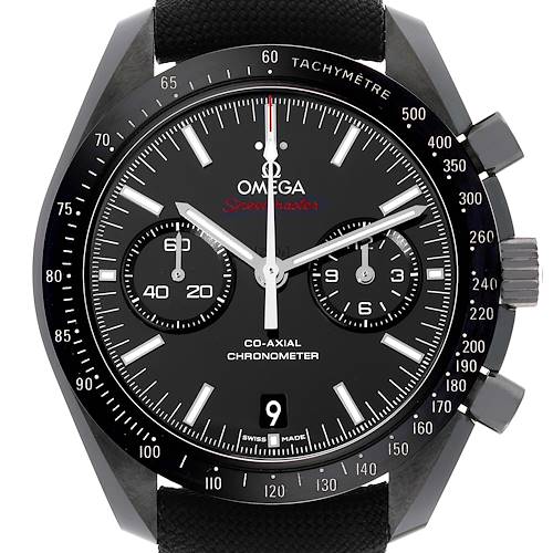 The image shows a front view of the Omega Speedmaster 311.92.44.51.01.007 Men's Ceramic Black Dial 311.92.44.51.01.007 Men's Ceramic Black Dial watch, displaying its dial, hands, subdials, and tachymeter bezel.