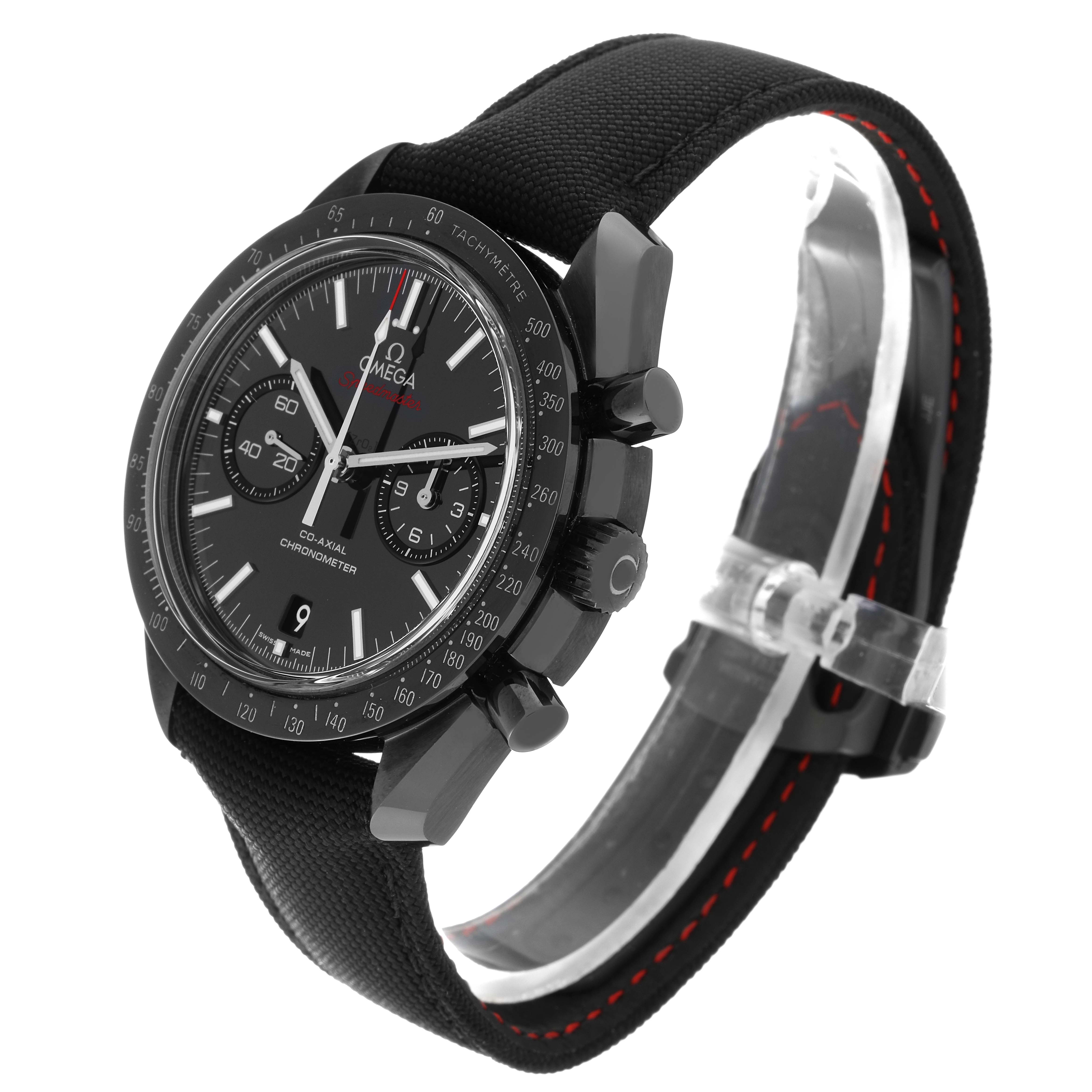 The image shows an Omega Speedmaster 311.92.44.51.01.007 Men's Ceramic Black Dial 311.92.44.51.01.007 Men's Ceramic Black Dial watch at a slightly tilted angle, highlighting its face, bezel, and strap.