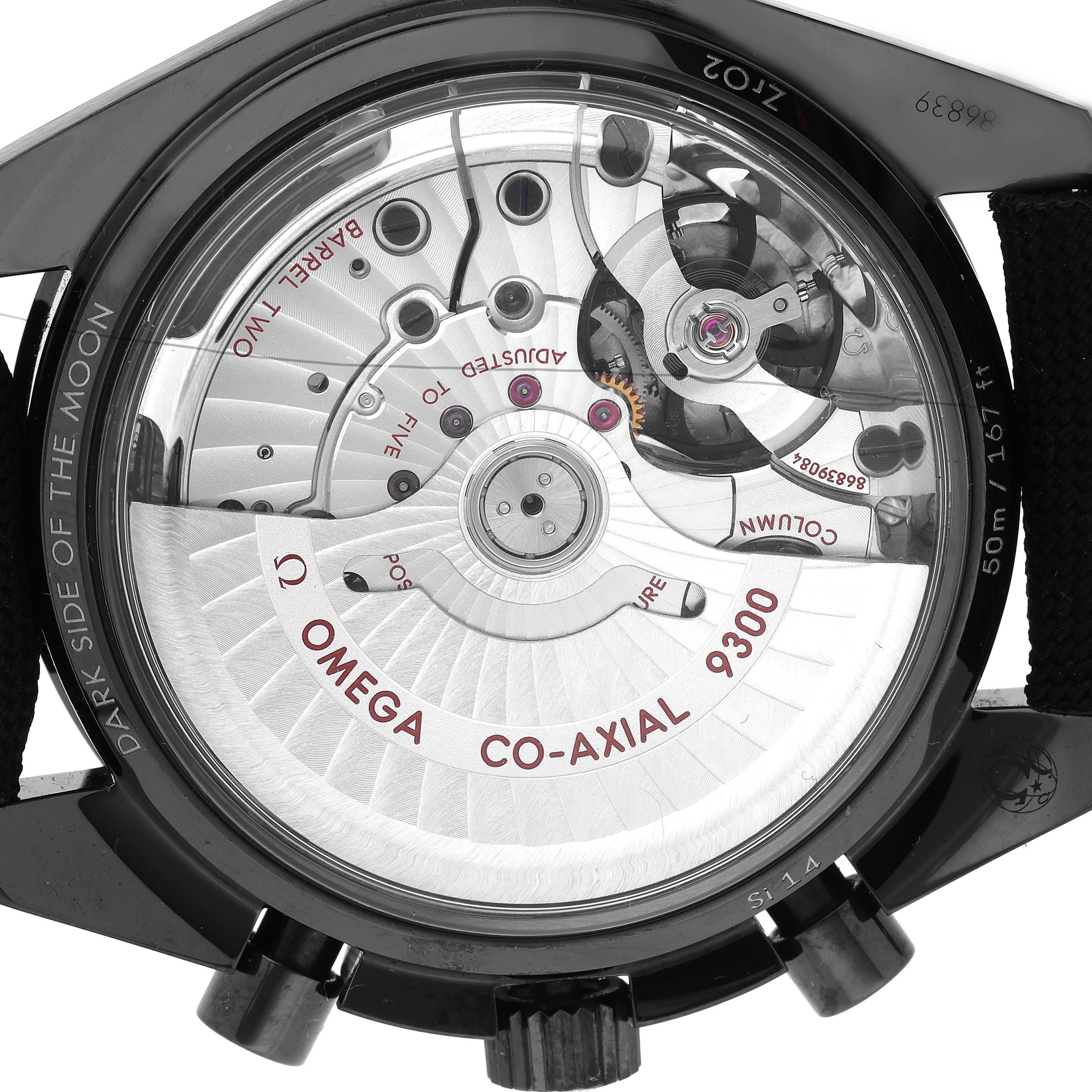 This image shows the back view of an Omega Speedmaster 311.92.44.51.01.007 Men's Ceramic Black Dial 311.92.44.51.01.007 Men's Ceramic Black Dial watch, revealing its internal mechanics.