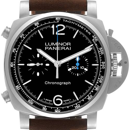 The image shows a front view of the Panerai Luminor PAM01109 Men's Stainless Steel Black Dial PAM01109 Men's Stainless Steel Black Dial Chronograph watch, highlighting the dial and case with a tachymeter bezel.