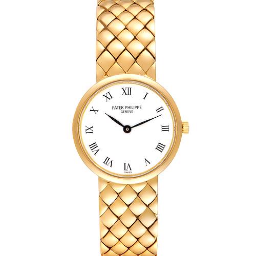 The image shows a frontal view of the Patek Philippe Calatrava 4821 Women's Yellow Gold White Dial 4821 Women's Yellow Gold White Dial watch, highlighting its gold bracelet and white dial with Roman numerals.