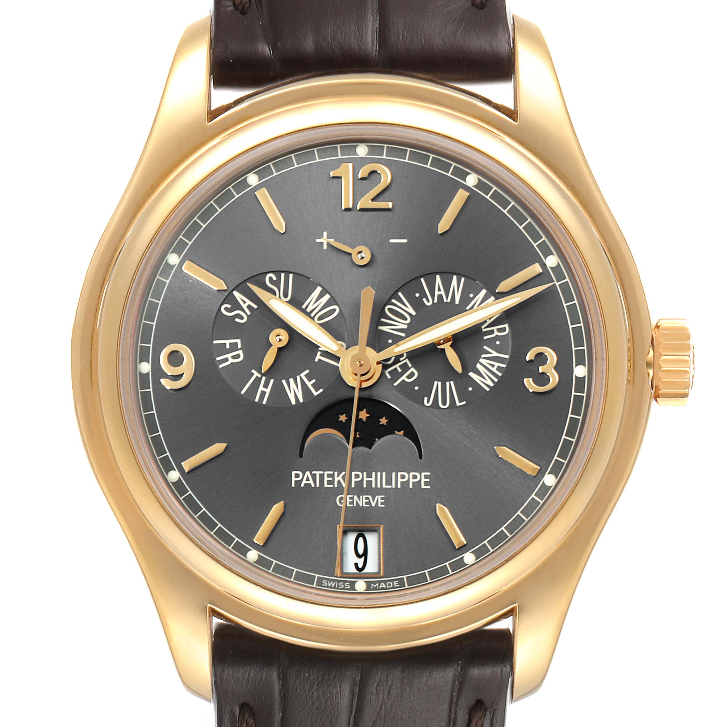 The image shows a front view of the Patek Philippe 5146J - 01D Men's Yellow Gold Grey Dial 5146J - 01D Men's Yellow Gold Grey Dial Complicated Annual Calendar Yellow Gold Mens Watch 5146 model.