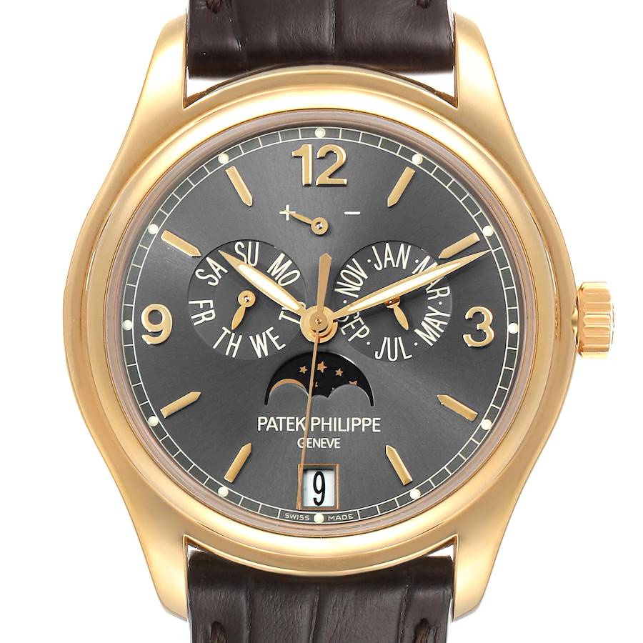 The image shows a front view of the Patek Philippe 5146J - 01D Men's Yellow Gold Grey Dial 5146J - 01D Men's Yellow Gold Grey Dial Complicated Annual Calendar Yellow Gold Mens Watch 5146 model.