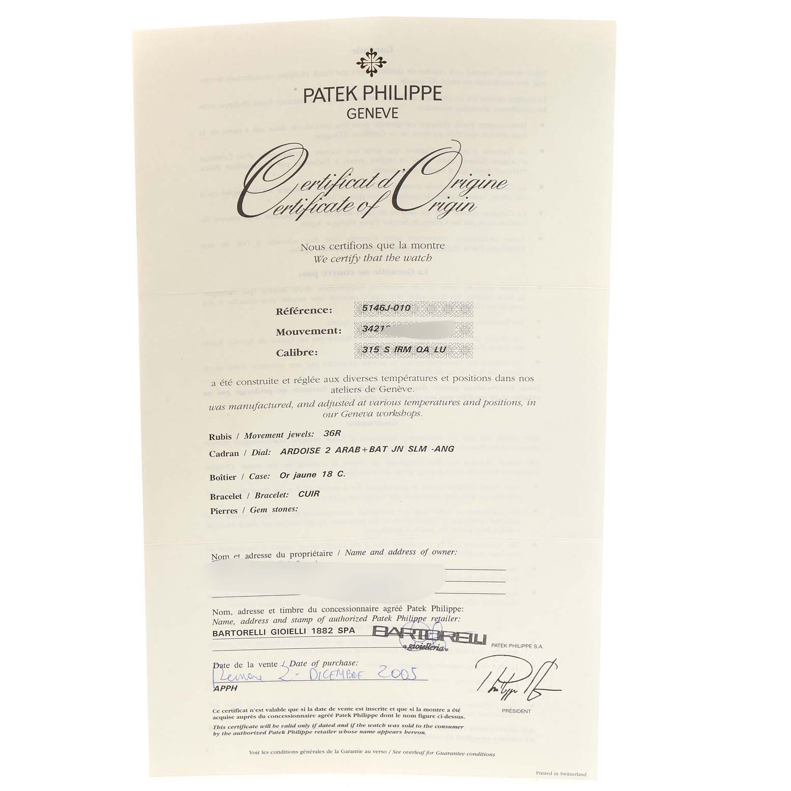 The image shows the Certificate of Origin for the Patek Philippe 5146J - 01D Men's Yellow Gold Grey Dial 5146J - 01D Men's Yellow Gold Grey Dial Complicated Annual Calendar Yellow Gold Mens Watch 5146 model.