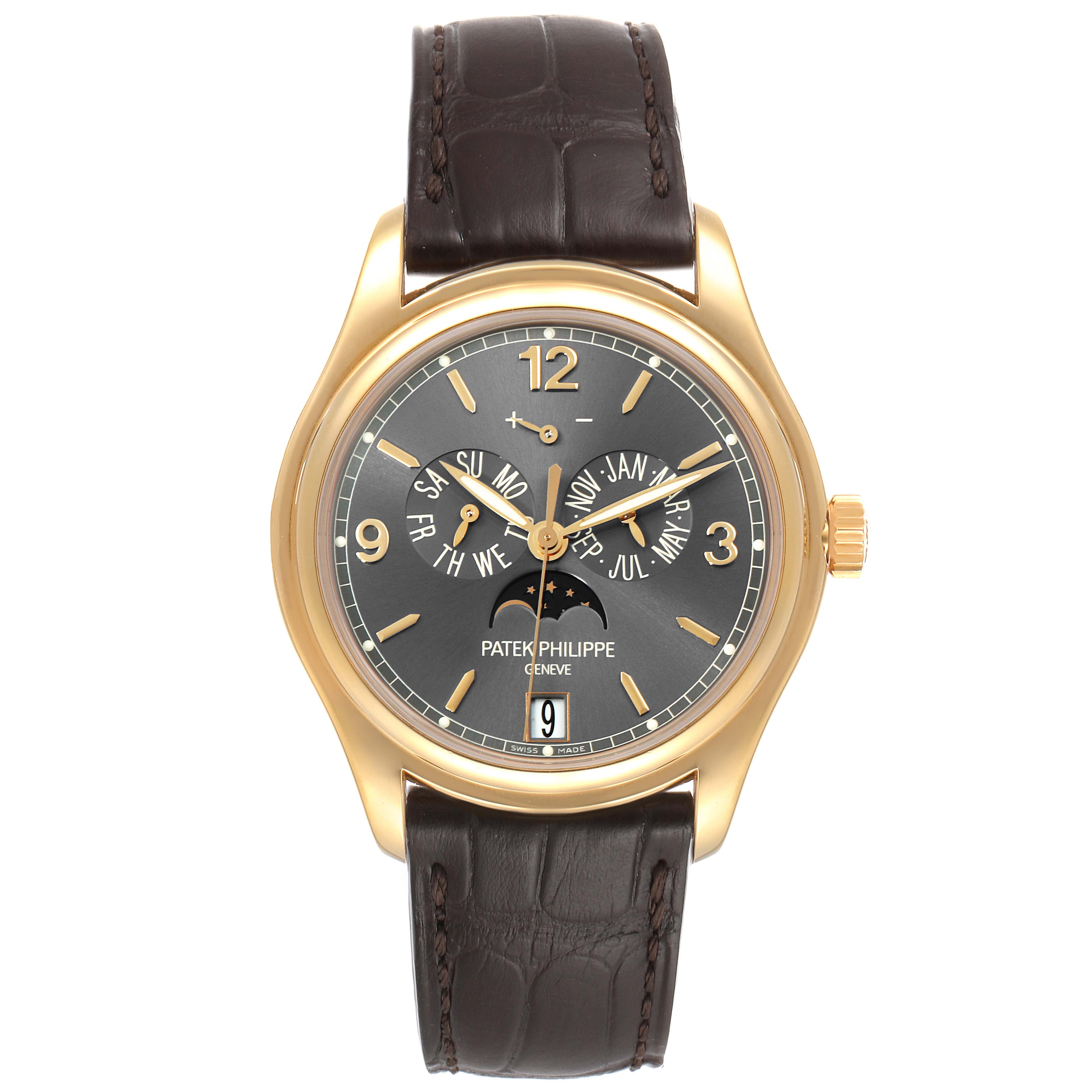 The image shows a front view of the Patek Philippe 5146J - 01D Men's Yellow Gold Grey Dial 5146J - 01D Men's Yellow Gold Grey Dial Complicated Annual Calendar Yellow Gold Men's Watch 5146 model.