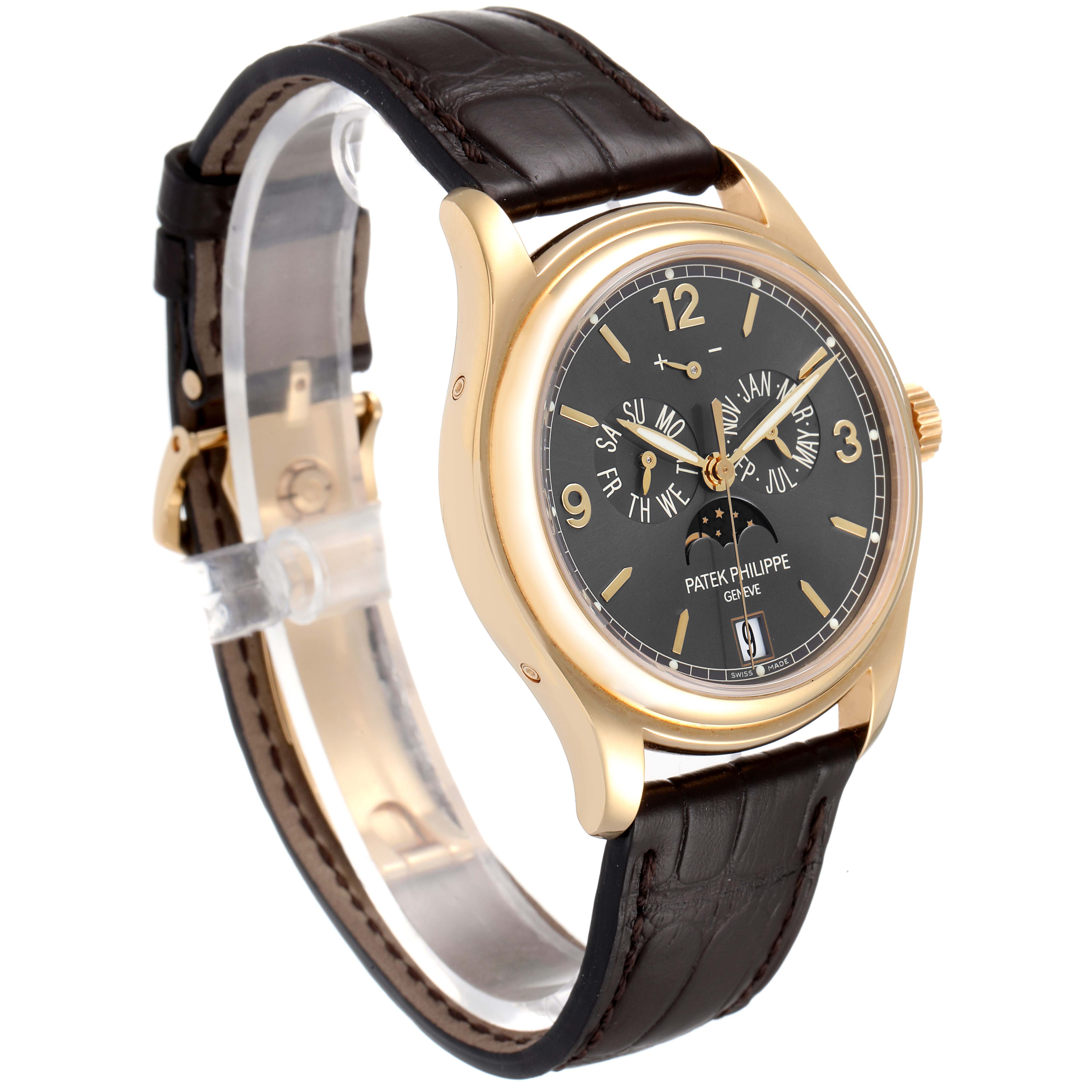 The image shows a Patek Philippe 5146J - 01D Men's Yellow Gold Grey Dial 5146J - 01D Men's Yellow Gold Grey Dial Complicated Annual Calendar Yellow Gold Men's Watch 5146 model at a slight frontal angle, highlighting the dial and strap.