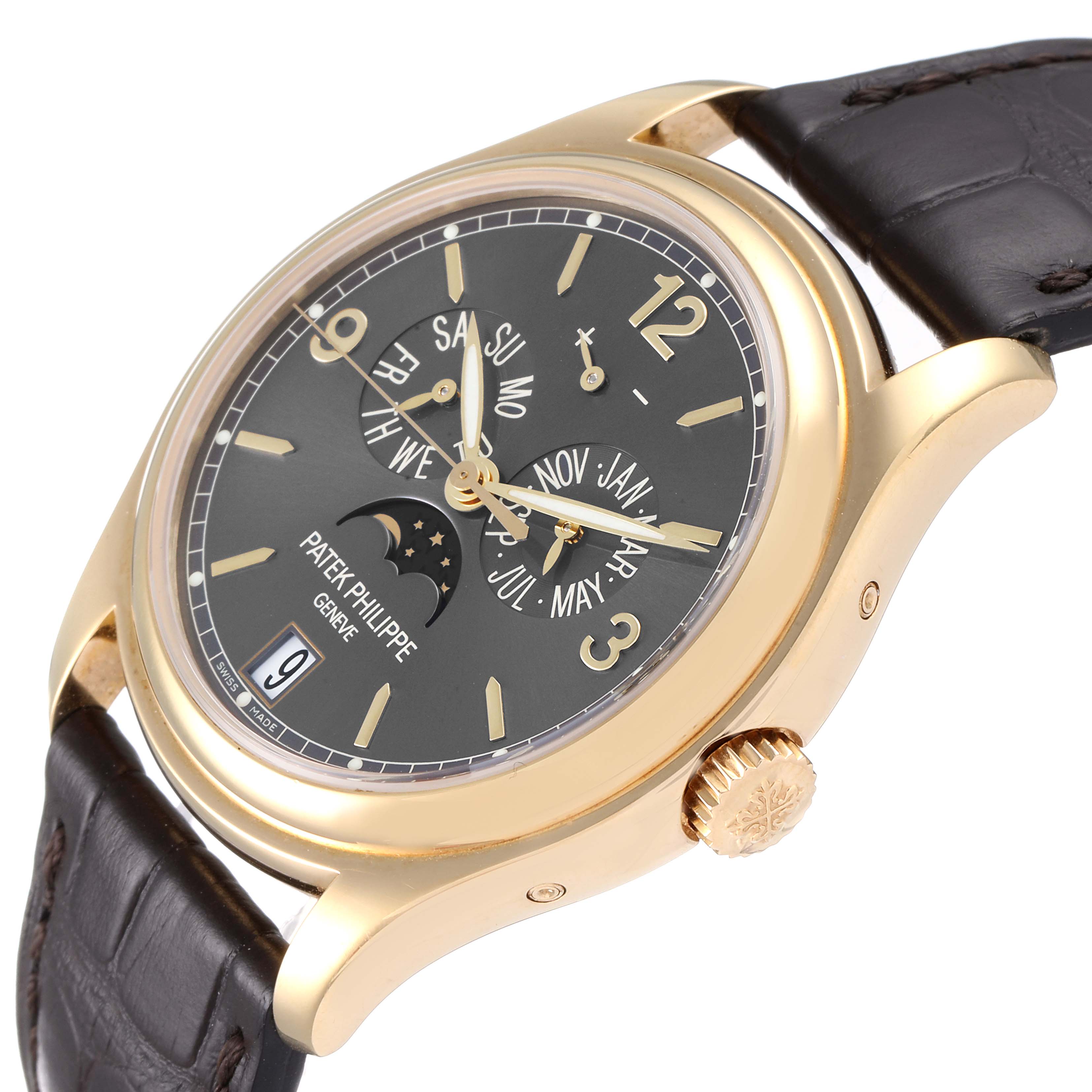 The image shows a side-angled view of the Patek Philippe 5146J - 01D Men's Yellow Gold Grey Dial 5146J - 01D Men's Yellow Gold Grey Dial Complicated Annual Calendar Yellow Gold Men's Watch 5146 model, highlighting its face, crown, and strap.