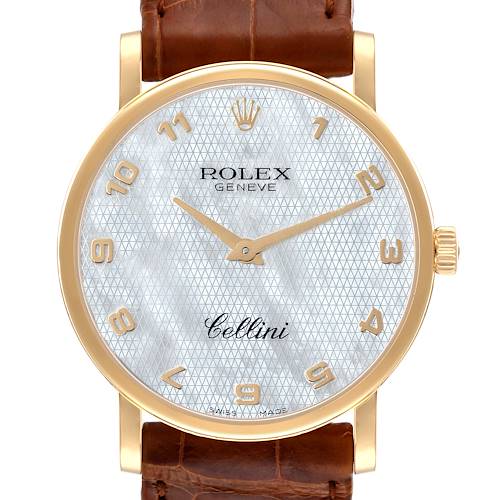 The image shows a Rolex Cellini 5115 Men's Yellow Gold Mother of Pearl Dial 5115 Men's Yellow Gold Mother of Pearl Dial watch in a close-up front view, displaying the dial, hands, crown, and part of the leather strap.