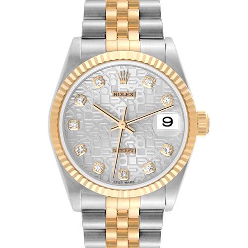 This image shows a frontal view of a Rolex Mid-Size 78273 Women's Steel and Gold (two tone) Silver Dial 78273 Women's Steel and Gold (two tone) Silver Dial Datejust watch with a silver and gold jubilee bracelet and diamond hour markers.