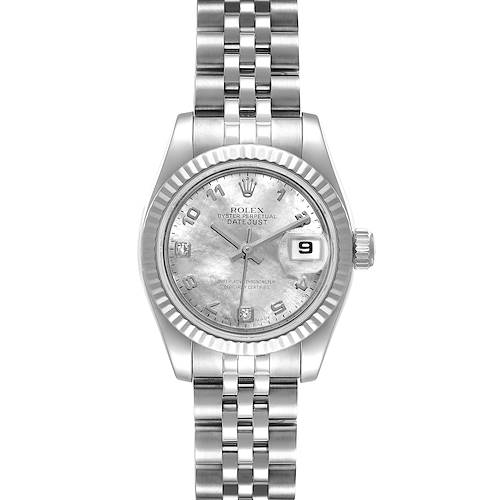 This image shows a front view of a Rolex Datejust 179174 Women's Stainless Steel Mother of Pearl Dial 179174 Women's Stainless Steel Mother of Pearl Dial watch displaying the face, bezel, crown, and bracelet in detail.