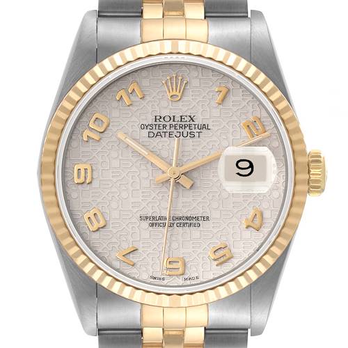 This image shows a close-up front view of a Rolex Datejust 16233 Men's Steel and Gold (two tone) Beige Dial 16233 Men's Steel and Gold (two tone) Beige Dial watch, focusing on its dial, bezel, and part of the bracelet.