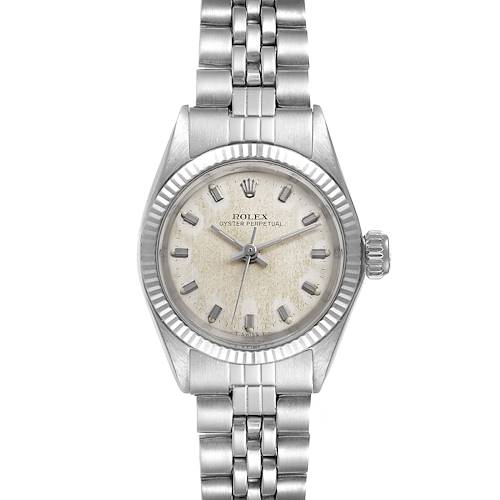 The image shows a frontal view of a Rolex Oyster Perpetual 6619 Women's Stainless Steel Silver Dial 6619 Women's Stainless Steel Silver Dial watch with its full dial, bezel, crown, and stainless steel bracelet.