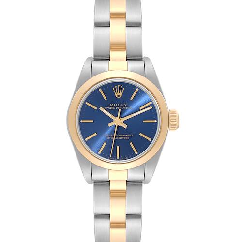 This image shows a front view of a Rolex Oyster Perpetual 67183 Women's Steel and Gold (two tone) Blue Dial 67183 Women's Steel and Gold (two tone) Blue Dial watch, highlighting its blue dial, gold indices, and gold and silver bracelet.