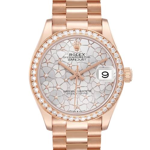 The Rolex Datejust watch is shown from a front angle, highlighting the dial, bezel, crown, and part of the bracelet.