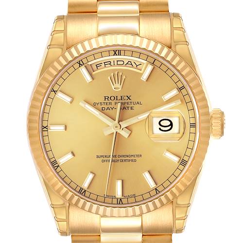 The Rolex President 118238 Men's Yellow Gold Champagne Dial 118238 Men's Yellow Gold Champagne Dial model is shown from a front angle, displaying the dial, bezel, and bracelet clearly.