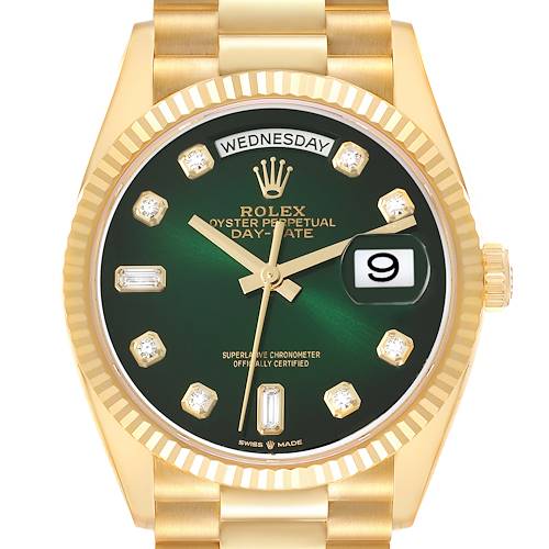 The image shows a front view of a Rolex President 128238 Men's Yellow Gold Green Dial 128238 Men's Yellow Gold Green Dial Oyster Perpetual Day-Date watch, displaying its green dial, day, and date features.