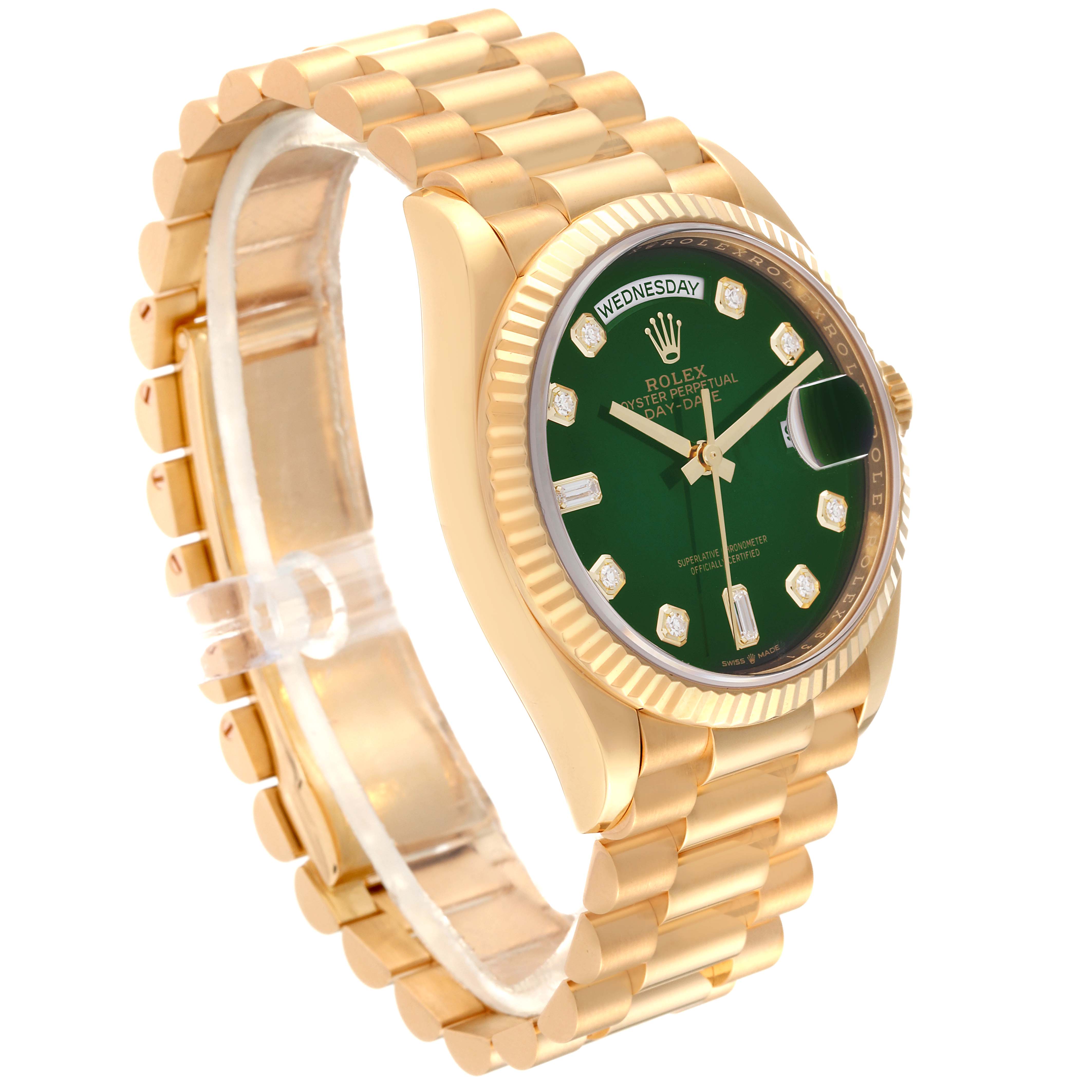 This image shows a Rolex President 128238 Men's Yellow Gold Green Dial 128238 Men's Yellow Gold Green Dial model watch at a slight angle, highlighting its green dial, gold case, and bracelet.