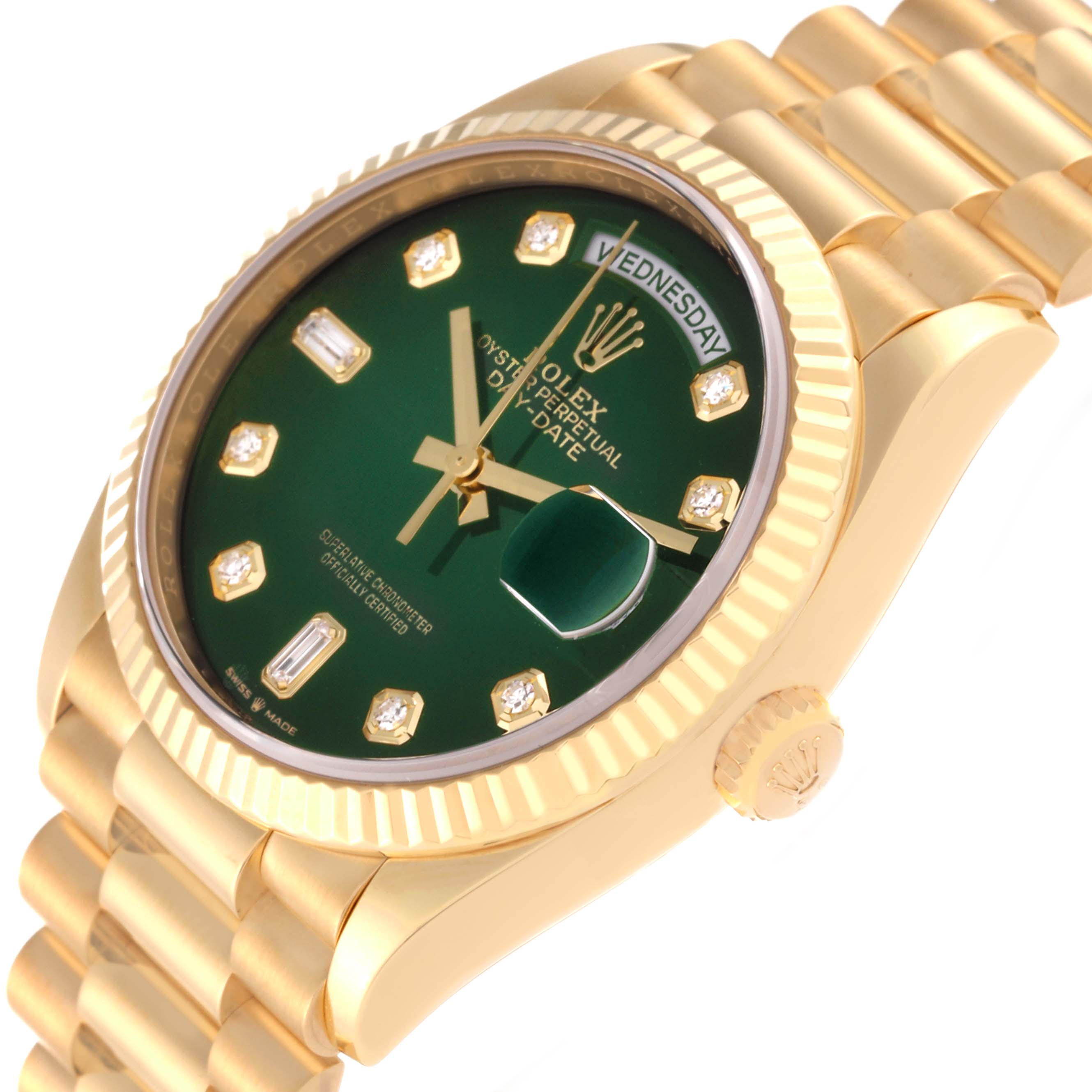 The Rolex President 128238 Men's Yellow Gold Green Dial 128238 Men's Yellow Gold Green Dial watch is shown at an angle highlighting its green dial, gold detailing, bezel, and part of the bracelet.