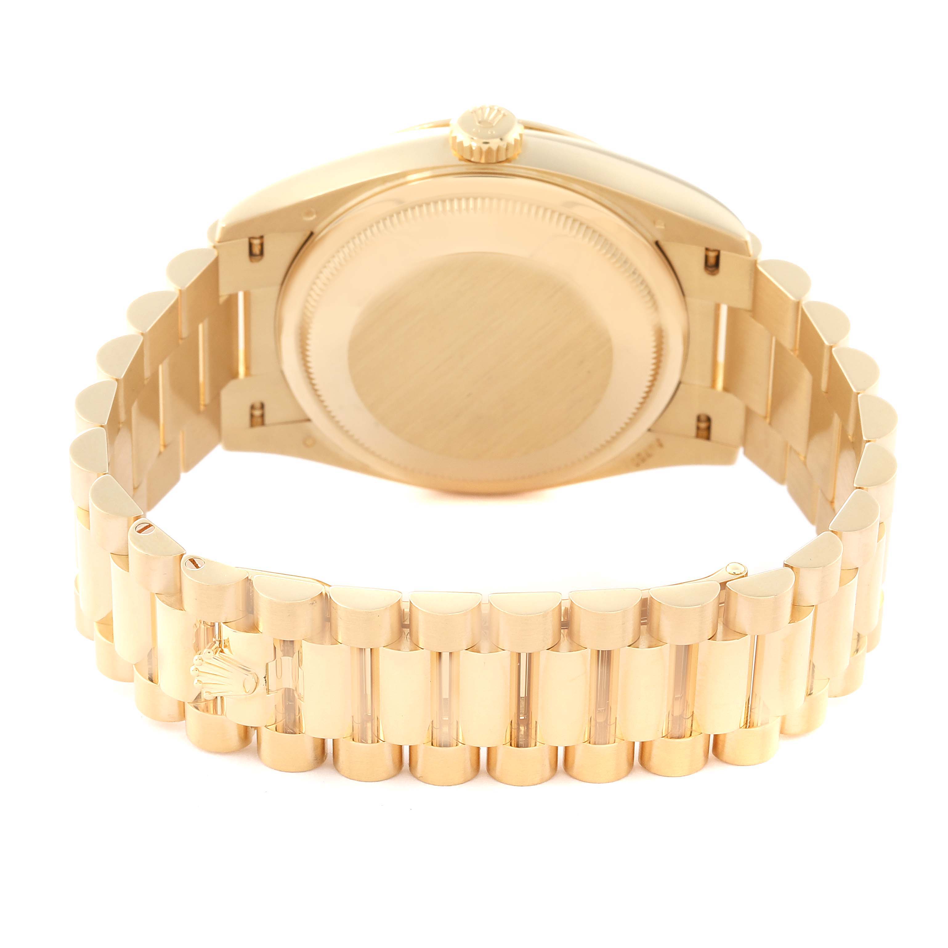 This image shows the back view of the Rolex President 128238 Men's Yellow Gold Green Dial 128238 Men's Yellow Gold Green Dial model watch, detailing its case back and bracelet.