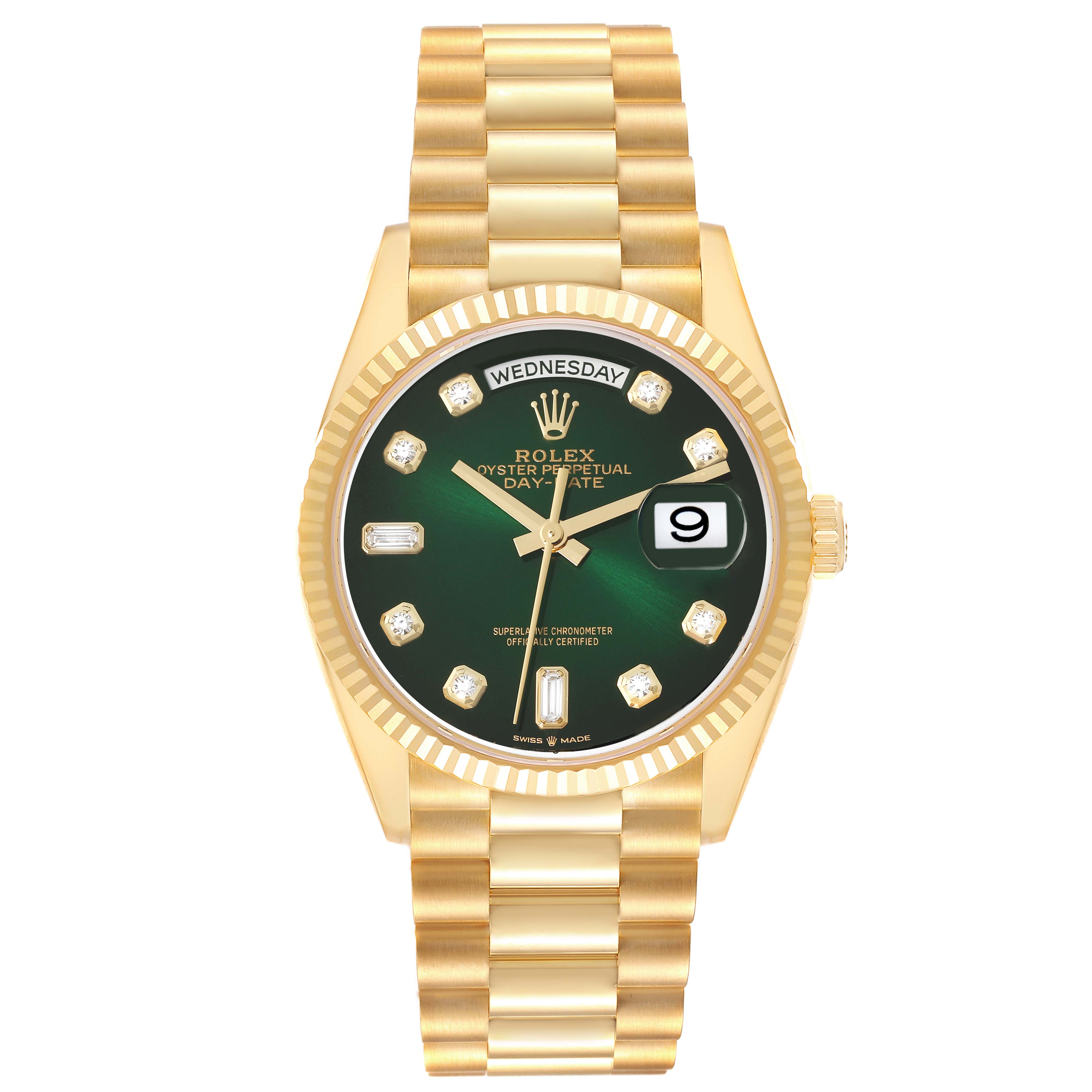 This image shows a front view of a Rolex President 128238 Men's Yellow Gold Green Dial 128238 Men's Yellow Gold Green Dial model watch, highlighting its green dial, day-date window, and gold bracelet.