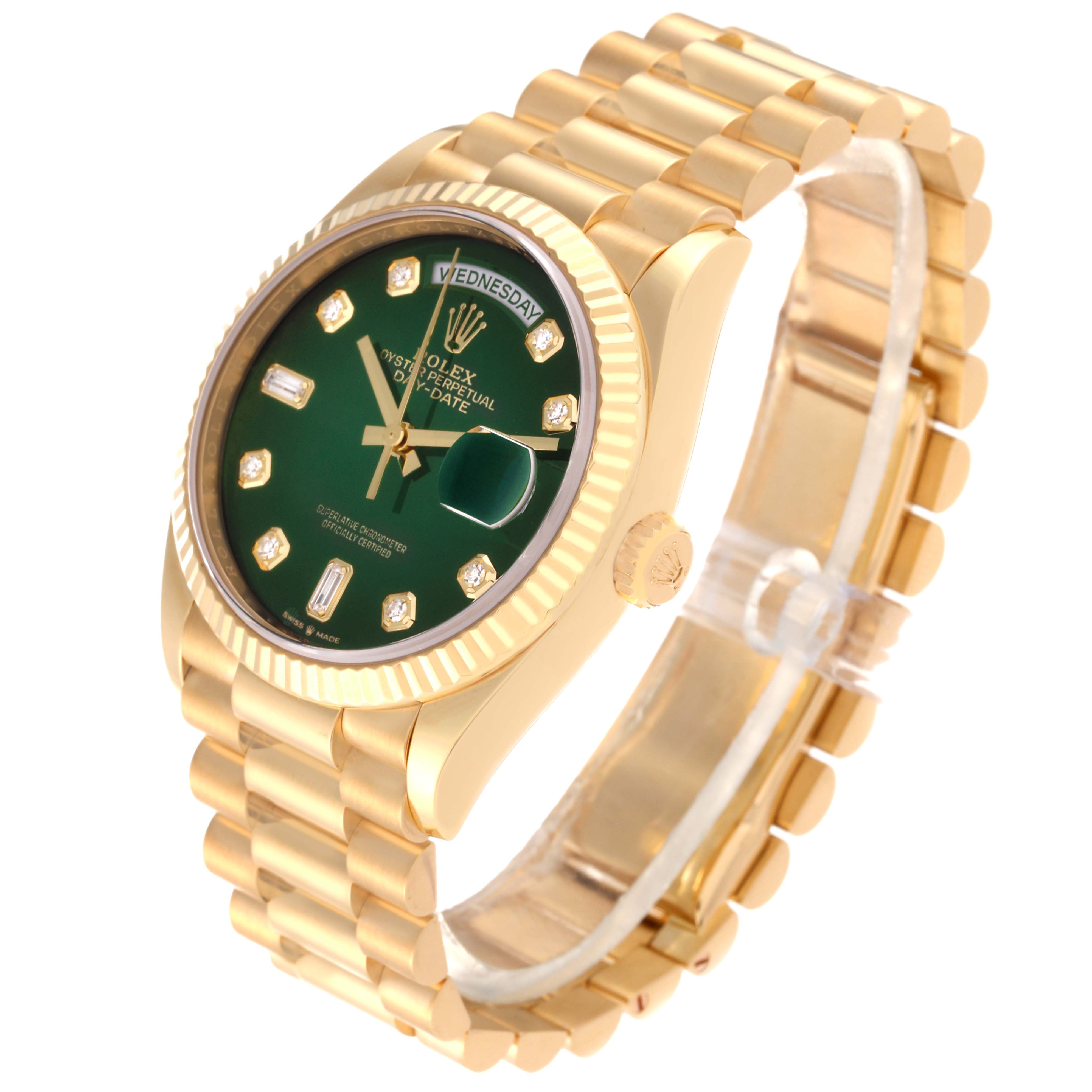 The image shows a Rolex President 128238 Men's Yellow Gold Green Dial 128238 Men's Yellow Gold Green Dial model watch from an angled side view, highlighting the green dial, fluted bezel, and gold bracelet.
