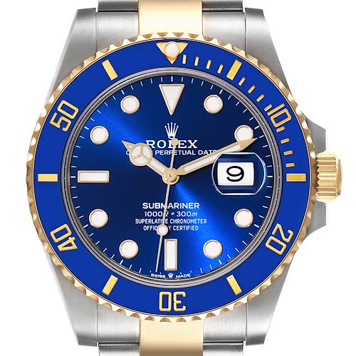 This image shows a front view of the Rolex Submariner 126613 Men's Steel and Gold (two tone) Blue Dial 126613 Men's Steel and Gold (two tone) Blue Dial watch, highlighting its blue dial, gold accents, and date display.