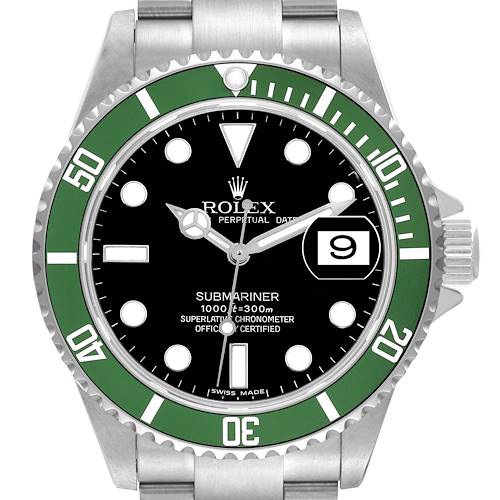 The image shows a front view of a Rolex Submariner 16610LV Men's Stainless Steel Black Dial 16610LV Men's Stainless Steel Black Dial watch, focusing on the dial and bezel.