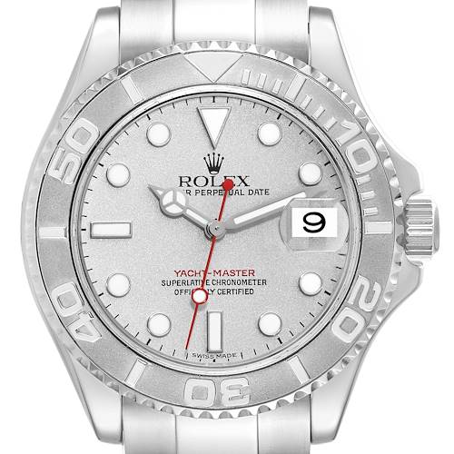 The image shows a frontal view of a Rolex Yacht-Master 16622 Men's Stainless Steel Silver Dial 16622 Men's Stainless Steel Silver Dial watch, highlighting the dial, bezel, crown, and part of the bracelet.