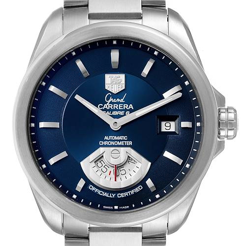 The Tag Heuer Carrera WAV511J.BA0900 Men's Stainless Steel Blue Dial WAV511J.BA0900 Men's Stainless Steel Blue Dial watch is shown from the front, featuring a blue dial, date display, and silver hour markers and hands.