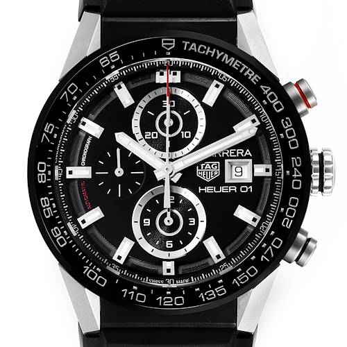 The image shows a front view of the Tag Heuer Carrera CAR201Z.BA0714 Men's Stainless Steel Black Dial CAR201Z.BA0714 Men's Stainless Steel Black Dial Heuer 01 watch, displaying its dial, tachymeter bezel, and chronograph subdials.